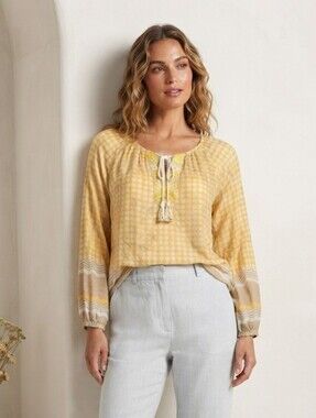 Derhy Beaded Bohemian V-Neck Blouse | Ivory & Mustard